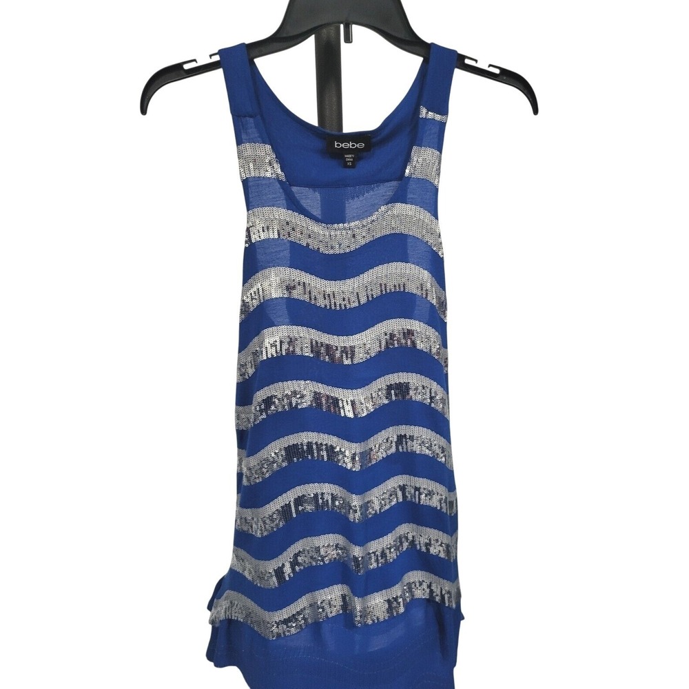 Bebe Womens Royal Blue Silver Sequin Wavy Stripe Racerback Party Tank Top XS